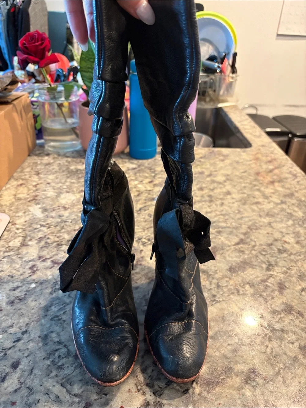 Kensie Black Over-the-Knee Leather Boots with Ribbon Ties